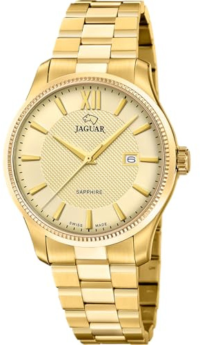 JAGUAR Swiss Made Herrenuhr Analog aus Edelstahl 316l Goldfarben | Quarzwerk, Kalender, Widerstandsfähiges Saphirglas, Wasserdicht 5 ATM J1044/2 Essentia