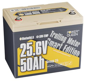 Power Queen 24V 50Ah Batterie Lithium LiFePO4 Bluetooth 5.0, Protection de Basse Température, à Cycle Profond 1280Wh Energie pour 24V Moteur de Bateau