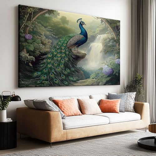 Leinwand Bilder Elegantes Tier Pfau Wasserfall Landschaft Bild auf Leinwand Poster Hochwertige Wandbilder für Wohnzimmer Schlafzimmer Heimbüro Restaurant Wanddekoration 160 x 80 cm