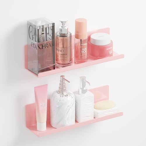Toski 2 Stück Wandregal Ohne Bohren, Regal Wand Acryl 30cm, Rosa | Schweberegal, Küchenregal Hängend zum Kleben, Schwebendes Bücherregal, Bilderleiste, Kleberegal Bad, Wall Shelf