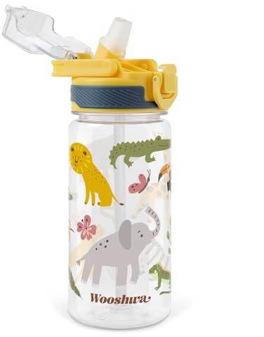 omedecal Borraccia Bambini con Cannuccia, a Prova di Perdite 600ml Borracce Bambina Bambini Bambino, Senza BPA con Maniglia, Lavabile in Lavastoviglie - Animali Della Giungla