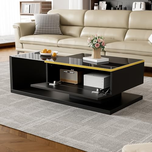 FAYICIC 100 cm Langer Couchtisch, Hochglanz. Beistelltische, Couchtische mit Glas und LED-Effekt (Schwarz, 100x50 cm)