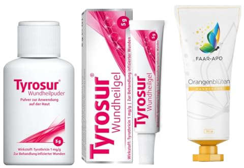 Tyrosur WundKombi Duo 5 gr.Pulver & 5 gr. Gel für schnelle Heilung I Wundbehadlung,. inkl. einer hochwertigen Handcreme Marke Faar-Apo I Bekämpft die Infektion Beschleugnigt die Wundheilung