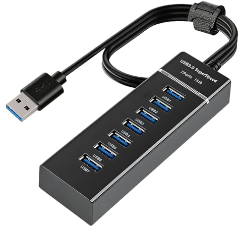 Hub USB 3.0 7 Puertos, Concentrador USB Alimentación 5V 3A, 1M Cable, Alta Velocidad 5Gbps para PC MacBook Teclado Discos Duros Externos, Adaptador Aluminio USB 3.0 Compatible con Windows Linux MacOS