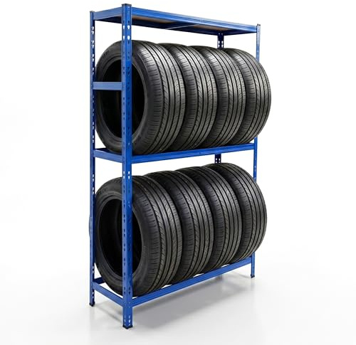 Relaxdays Reifenregal für 8 Reifen, HxBxT 180 x 110 x 40 cm, 450 kg, Stahl, Stecksystem, Reifenlager Werkstatt, blau