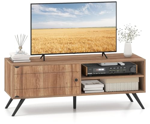 COSTWAY TV Unit for 55 Inch TVs, 120cm Wooden TV Stand Cabinet with Storage | Door, Open Shelves, 5 Legs, Mid-Century Modern, Wooden Media Console Table Entertainment Center, for Living Room Bedroom, Oak