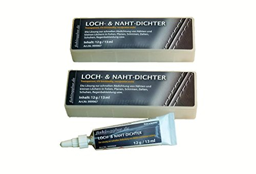 fishingglue.de 2er-Pack LOCH-& NAHT-DICHTER 12g, flüssiges PVC, Wasser-& UV-beständig, Flickzeug/Dichtlösung für Zelt Isomatte Schirm Regenjacke Markise Pool Schlauchboot Plane wärmestabil bis 60°C.