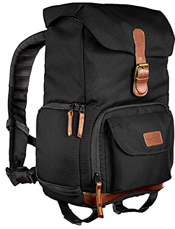 Mantona Luis junior Retro Fotorucksack schwarz mit Leder, Kamerarucksack inkl. Regenschutzhülle, Fototasche mit Laptopfach, Backpack geeignet für 1 x DSLR-Kamera, 1-2 Objektive u. diverses Fotozubehör