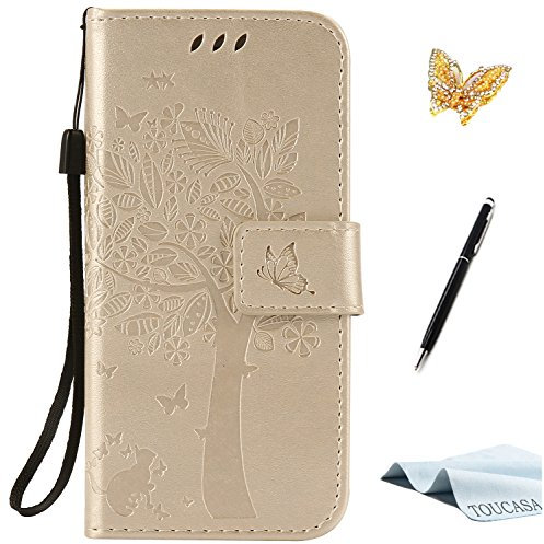 iPhone 6/6S Hülle,TOUCASA Lederhülle Handyhülle Flip Tasche Case Niedlich Katzen und Bäume Muster Stand-Funktion Kredit und Tasche Case iPhone 6/6S + 1 x Eingabestift + 1 x Glitzer Staub Stecker,Gold
