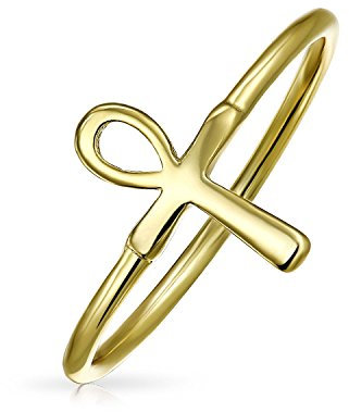 Minimalistischer Vergoldeter .925 Sterling Silber Midi Knöchel 1MM Band Stapelbarer Ankh Kreuz Ägyptisches Lebenssymbol Ring