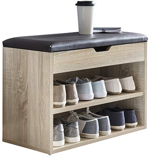 Wohnling Schuhbank mit Sitzfläche Sonoma Garderoben-Bank Holz 60 x 40 x 30 cm, Holzbank klein gepolstert, Sitzbank schmal Flur mit Stauraum, Truhenbank Schuhtruhe Flurmöbel