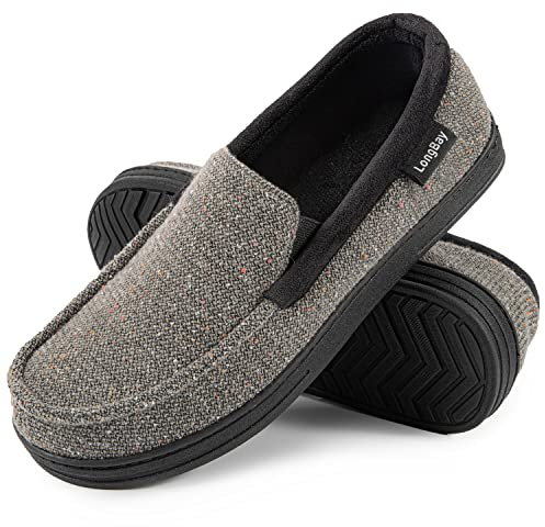 LongBay Men's Memory Foam Moccasin Slippers Plush Fleece House Shoes in Indoor/Outdoor Loafer Style Grey, 9 UK