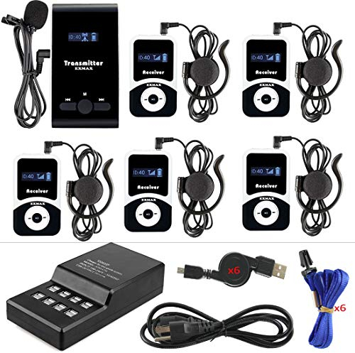 EXMAX EX-100 72MHz Wireless Audio Tour Guide System with Microphone Earphone for Church Museum Simultaneous Interpretation Coaches (1 Transmitter 5 Receivers with 16-ports USB Charge Station)