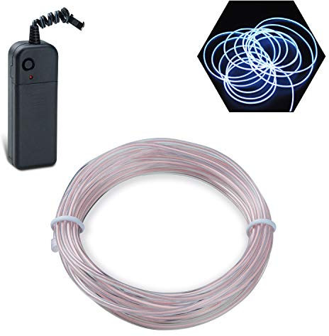 Podazz El Wire 16.4ft/5m White, Neon Glowing Strobing Electroluminescent Wire with 3 Lighting Modes, Battery Operated El Light for Halloween Decor, Parties, Xmas Tree, Cosplay, Car Bar Decor