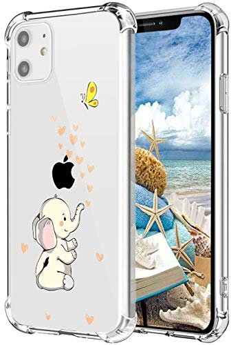 MAYCARI Cute Elephant Case Clear for iPhone 11 Pro, Funny Cartoon Animals Design Transparent Shockproof Anti-Scratch Soft Flexible TPU Cover with Air Cushion for Men&Women