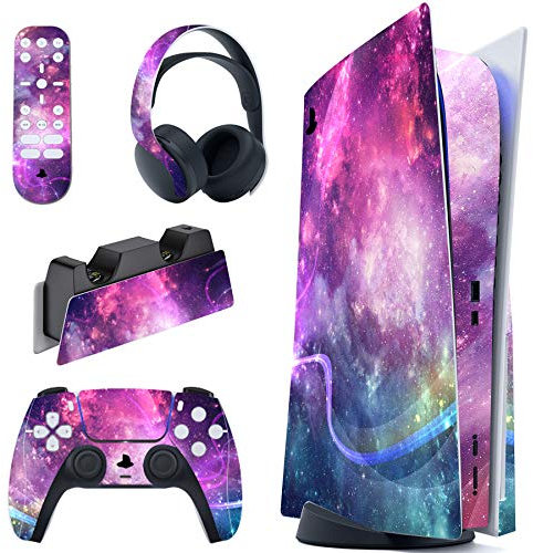 PlayVital Autocollant Skin pour ps5 Manette,Sticker pour ps5 Console Disc Edition & Station de Charge & Casque & Télécommande-Galaxie Violette