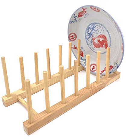 NC Bambus Holz Geschirrkorb Holz Küchenablage Gestell für Geschirrplatte Schüssel Tasse Aufbewahrungshalter Stand Küchenschrank Organizer für Geschirr/Teller/Schüssel/Tasse/Topfdeckel