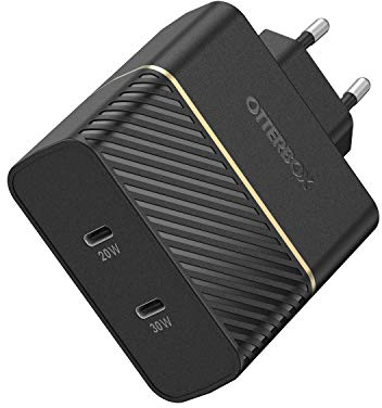 OtterBox EU Caricatore murale Doppia Porta, 50W, USB-C PD 30W GaN + USB-C PD 20W, Carica Fast Charge per Smartphone e Tablet, Resistente a Cadute, Robusto, Ultra Durevole, Nero