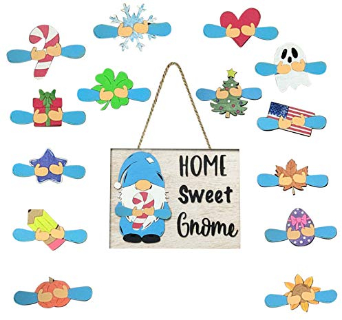 Wichtel GNOME Türschild Wandschilder, GNOME Türhänger Saisonale Willkommensschild mit austauschbaren Feiertagsstücken für Haustür Veranda Hängen Handgefertigt, Welcome Door Sign