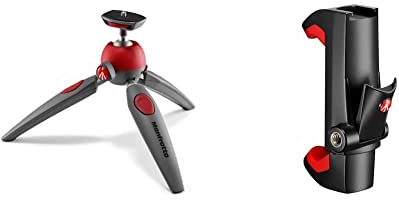 Manfrotto MTPIXIEVO-RD, PIXI EVO 2-Section Mini Tripod, Compatible with DSLR, Compact System Camera, Mirrorless,Lightweight, Red & MCPIXI Universal Smartphone Clamp, Pro Version