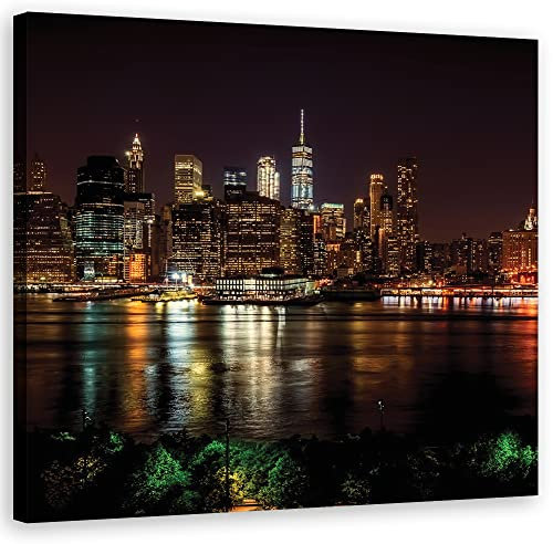 Feeby Bild auf Vlies Leinwand Wolkenkratzer New York City Manhattan bei Nacht 40x40 cm Kunstdruck Modern Wandbilder Deko Flur Wohnzimmer NYC USA Skyline Schwarz