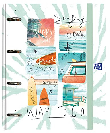 Oxford, A4+ 4 Ringbuch, extra Cover, Gummizug, inklusive Nachfüllraster 5x5 mit 5 Farbbändern, Motiv: Surf