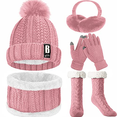 WEASIC Ensemble Bonnet, Écharpe Et Gants Femme Avec Chaussettes Antidérapantes Chaudes Thermiques - Cadeau Noël Hiver Polaire - Rose