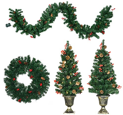 HOMCOM Lot de 4 pièces décoration de Noël Lumineuse 1 Couronne + 1 Guirlande + 2 sapins de noël