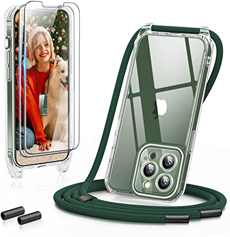 GOODVISH 3 in 1 Handykette für iPhone 13 Pro Max 6,7, mit 2 Stück Schutzfolie |360°-Schutz |Kameraschutz| Necklace Hülle mit Band Handyhülle für zum Umhängen| Transparent Case mit Schnur - Dunkelgrün
