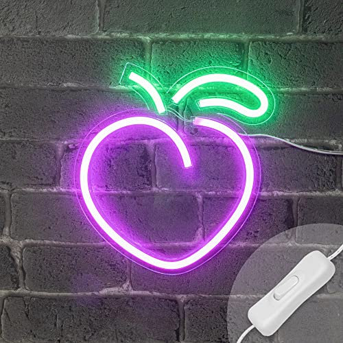 Neon LED Pêche 23CM - Neon Mural Rose et Vert sur Secteur - Lampe Neon Enseigne avec Interrupteur on/Off pour Decoration Cuisine Decoration Salon Decoration Murale Decoration Bar Deco Chambre