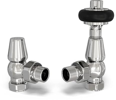 UK Radiators Chrome Thermostatic Radiator Valve and Angled Lockshield Valve - Polished Chrome Finish - Traditional Design 1/2 x 15mm Wooden Head Radiator Valve