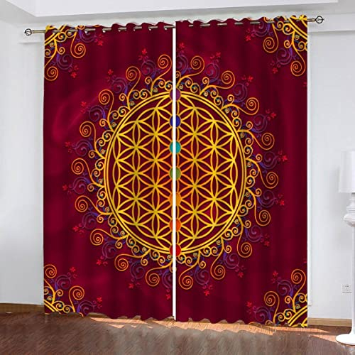 JIARAO Vorhänge mit Ösen 2er Set Blickdichte Vorhänge Blume des Lebens Abdunkelnd Schallschutz Vorhang Polyester 3D Rot Gelb Home Dekoration Gardinen Isolierend Gardinen Lang