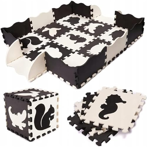 COIL Puzzelteppich für Kinder - Schaumstoff Spielmatte, Wasserdicht, Puzzlematte Baby Boden - Lernspielzeug mit Tiermotiven, Phthalatfrei - Faltbare Spielmatte Baby Puzzlematte 25 Elemente (Schwarz)
