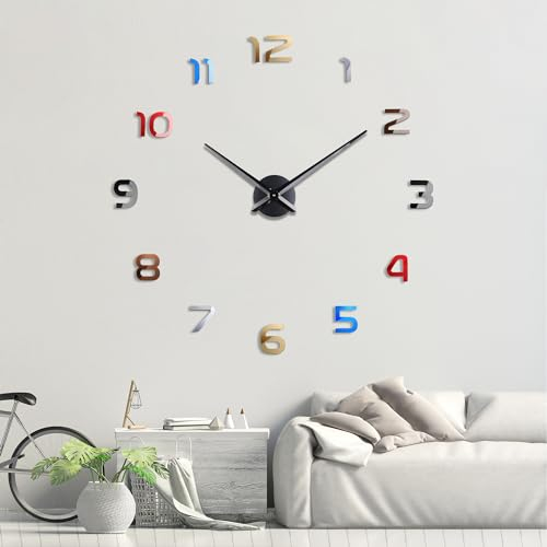 Lafocuse DIY 3D Wanduhr Groß XXL, Mute Modern Uhr Bunt Kreative, Wanduhren Aufkleber Deko Geschenk für Wohnzimmer Restaurant Büro Hotel (70-100cm)