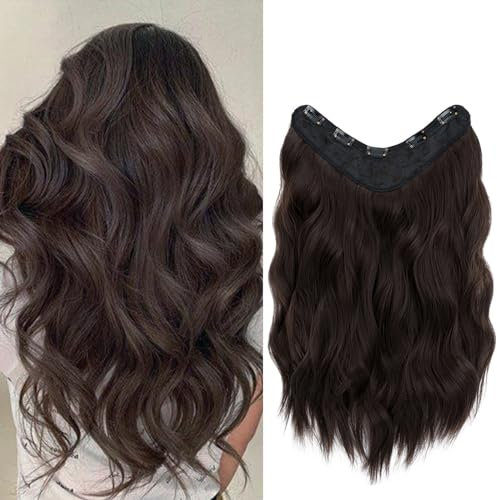 TESS Clip in Extensions Gewellt, 45 cm Haarverlängerung Clip in Dunkelbraun Kunsthaar Einteiler mit 5 Clips Haarteil Extensions U-Form