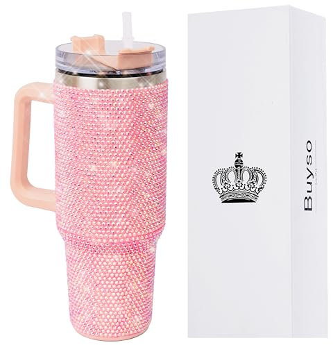 Buyso 40 Oz Bling Tumbler With Handle Rhinestones Tumbler With Lid and Straw Fix for Car Cup Holder Insulated Stainless Steel Double Wall Water Cup Travel Mug Tumblr For Women (40 oz, Pink)
