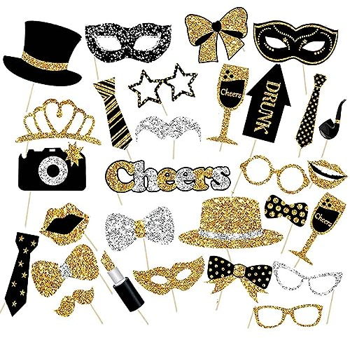 YPLonon 30 Pcs Accessoires de Photomaton pour Fête Anniversaire Mariage Bal - Photobooth Anniversaire Noir et Doré - Accessoire Photo avec Chapeaux, Cravates, Verres à Vin, Rouge à Lèvres