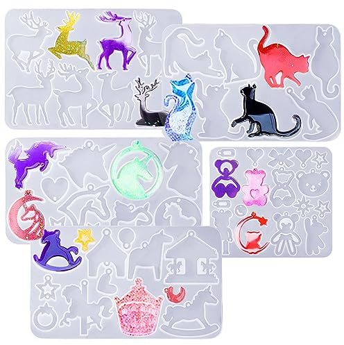 DIYBravo 5 Moulles Résine Bijoux Moules à Boucles D'oreilles en Silicone en Forme de Chat Licorne Ours Cerf Carrousel, Moules Bijoux pour Porte-clés Carillons