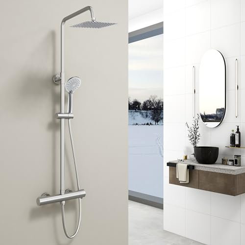 Aica Sanitarios Columna de Ducha Termostática con Barra Regulable 768-1200mm Redondo Rociador de Mano 3 Tipos de Chorro Ajustable, Cuadrada Alcachofa de Ducha, Ducha Lluvia para Baño