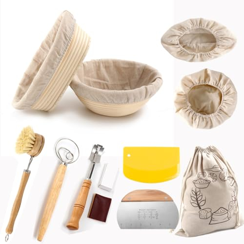 Round Oval Rattan Bread Proofing Basket Set Sourdough Bannetons Proving Basket Bread Baking Mold Tools Fermentation Basket with Cloth Liner Dough Scraper Dough Whisk (10inch Oval + 9inch Round)