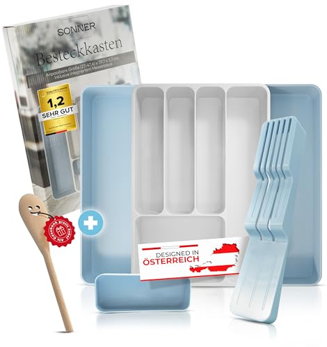 Sonner – Besteckkasten ausziehbar (mit Messer-Halter) – Hochwertiger Organizer für deine Schubladen – Breite und Fächer verstellbar – inkl. Gratis Kochlöffel