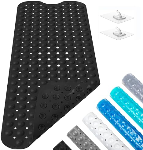 Badewannenmatte Duschmatte 100x40 cm Badewanneneinlage Antirutschmatte rutschfest Maschinenwaschbar (Schwarz +2 Haken)