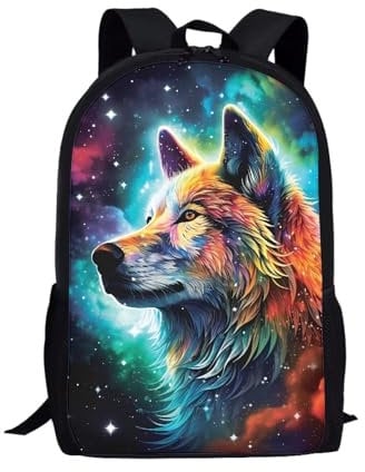 KUIFORTI Galaxy Star Wolf Backpack Boys School Bags Animal Wolf Bookbags 17 Inch Back to School Bagpack Animal Rucksack for Travel Hiking Daypack