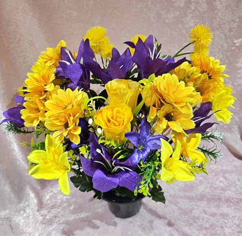 Silk Floral Memorial Grave Pot/Large Artificial Cemetery Flowers in Yellow and Purple