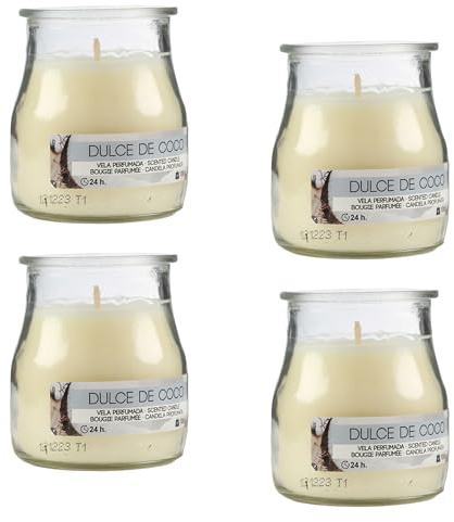 Pack de 4 Velas Aromáticas en Vaso de Yogurt de Cristal Reciclable - 44h de Duración,Cera Vegetal Perfumada, Fabricadas España, 7x6cm (Dulce Coco)