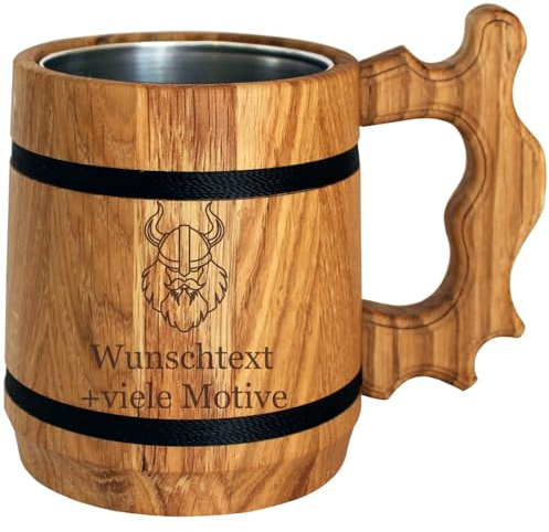 Wikinger Bierkrug mit Gravur - Geschenk für Bier- und Mittelalterfans, Holz Becher mit Name + Motiv - Alternative zum Met Horn, Trinkhorn und Bierstein