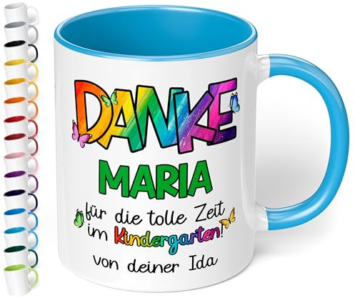 True Statements Dankeschön Kita Abschiedsgeschenk für Erzieherin: Keramik-Tasse personalisiert „Danke WUNSCHNAME – für die tolle Zeit im Kindergarten!“ - 330ml (Hellblau)