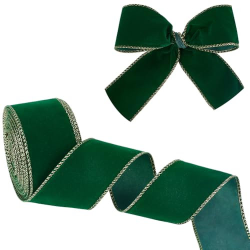OLYCRAFT 9.14 m Samtband 59~64mm Breit Samtstoffband Besatz Einseitig Satin Samtband Mit Goldrand Zum Verpacken von Geschenken Blumenstrauß Dekoration – Dunkelgrün