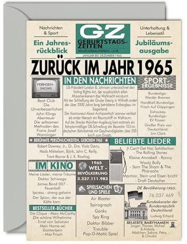 Stuff4 60. Geburtstagskarten für Männer Frauen - Zurück im Jahr 1965 Zeitung - 60 Alles Gute zum Geburtstag Jahrestag Hochzeitstag Karte Vintage Jahrgang Geboren 1965 A5 Glückwunschkarten