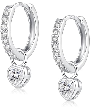 Ohrringe Silber 925 Hängend Creolen Klein Mit Herz Rund Zirkonia für Damen Mädchen Herren (Silber-Herz)